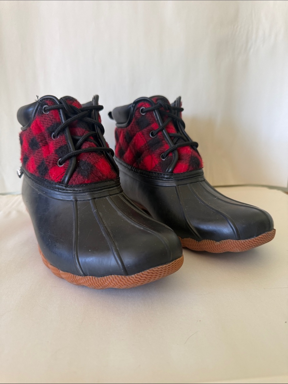 Skechers Black Rubber & Red Buffalo Plaid Lace-Up Duck Boots